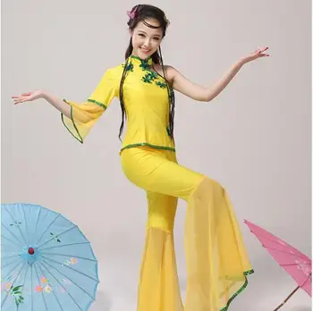 (0183) Нов китайски народен танц национални класически косите костюми жълто янко Чадър фен танцови красива младежка сцена