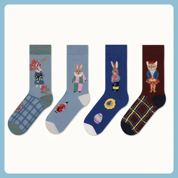 10 двойки на тънки памучни женски чорапи Страхотна чорапи-тръба с животни, чорапи със заек и котка, выстиранные неизмита памучни дамски чорапи