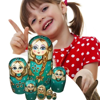7шт Дървени Руски гнездене кукли С Плитки За Момичета Традиционните гнездене кукли