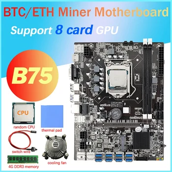 B75 8 Карта на GPU дънната Платка за майнинга + процесор + Вентилатор за процесор + Термопаста + 4G DDR3 Оперативна памет + Кабел превключвател 8X USB3.0 (PCIE) LGA1155 DDR3, SATA3.0