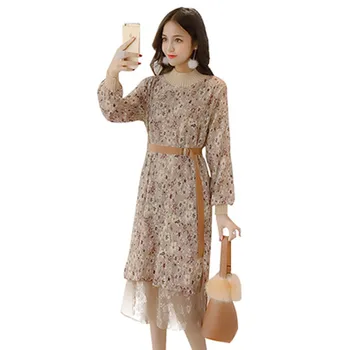 Demisezonnyj Нов Корейски стил мозайка вязаное Шифоновое рокля За жените с кръгло деколте и дълъг ръкав Цветен Принт в елегантна рокля винтажное