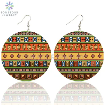SOMESOOR Цветни Богемные Афро Тъканни Цифрови Дървени Висящи Обеци От Двете Страни С Принтом Черно Традиционния Модела За Жени Подаръци