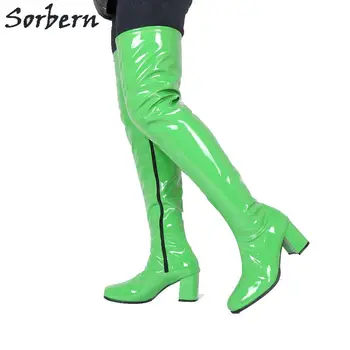 Sorbern / женски ботфорты над коляното от лачена кожа; Botines Mujer; колекция 2019 г.; ботуши на квадратен ток; по-големи Размери EU36-46; Дамски обувки