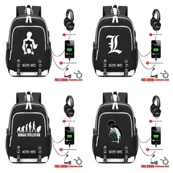 USB Зареждане Жак за Слушалки, Чанти и калъфи За Преносими компютри Тийнейджъри Училищна чанта за книги Многофункционални Пътни Чанти за аниме Death Note L Раница 13 стил