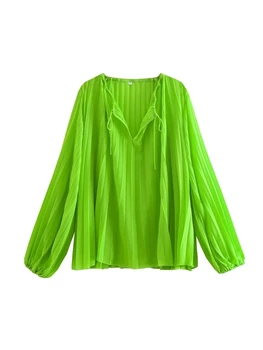 XNWMNZ 2022 Дамски Модни Плиссированная Блуза С V-образно деколте и Ръкав-фенерчета, Ежедневни Дамски Шик Върховете