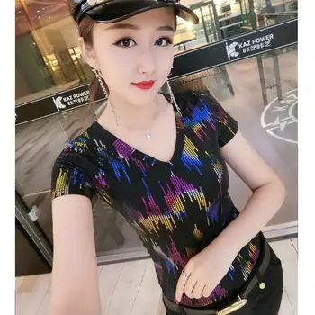 Дамска блуза с V-образно деколте и позлатените принтом 2021, нова цветна тениска с къс ръкав, дамски малка риза в чужд стил