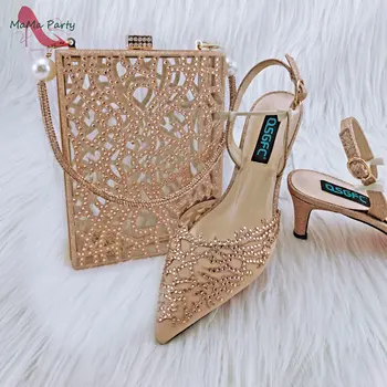 Елегантен Нов Дизайн, Африкански Италиански Дамски Обувки и Чанта в Комплект Прасковено цветове, Висококачествени обувки-лодка за Сватбени партита