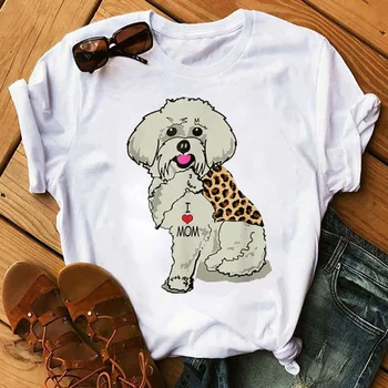Женска Тениска с леопардовым шал, Върхове с принтом Кучета, Тениска за майки с кучето, Тениски I Love Мама, Дамски Сладка тениска с графичен дизайн, най-забавната женска тениска