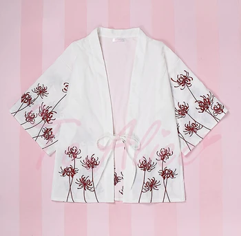 Женското кимоно В стила на Юката в японски Стил, сладък Потник, Риза /Горна дреха, Червен Хиганбана/Бродерия Черна Роза