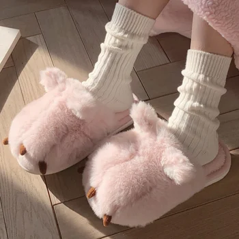 Красиви дамски плюшени чехли с кошачьими нокти, зимни домашни топли домашни пантофи, есенно-зимни обувки, домашни обувки на равна подметка, утепленная обувки