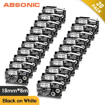 Лентата за Этикетирования Absonic 20PK 18 мм * 8 м XR-18WE Заменя Етикети Casio XR18WE черно на бяло, за Производителя на Етикети Casio KL-7000 8200 KL-120