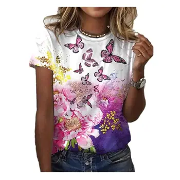 Лятна Модни Дрехи С Цветен Модел, Тениска с Къс Ръкав и 3D Цветен Принтом, Всекидневни Топ, Дамски Тениска с кръгло деколте