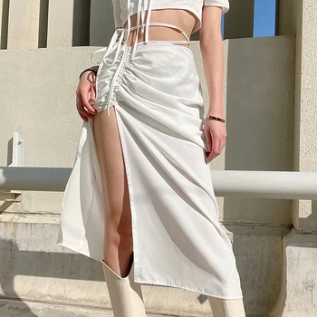Малцинство дизайн чувство китайски стил стягам сплит плиссированная пола с висока талия пълна с темперамент секси летен прилив на Дамски рокли
