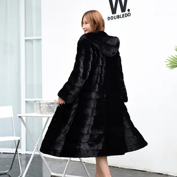 Нов стил норковая палто, Тънка и деликатна кожа палто Дамско дълго, топло палто с качулка