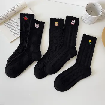 Нови Черни Чорапи С Цветен Модел На Животните, Дамски Чорапи С Бродерия, Cartoony Заек, Котка, Бели Дълги Чорапи, Корейската Мода Двойка, Сладки Памучни Чорапи