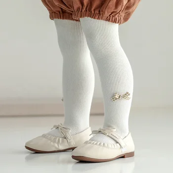 Пролетно-есенни девятиточечные latticework гамаши с бантиком за малки момичета, детски памучни чорапогащници в тънка ивица, чорапи
