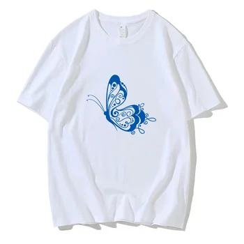 Тениска Бели Потници Дамски Блузи Красива Тениска С Принтом Пеперуди Жена на 90-те Графична тениска С Кръгло деколте За Момичета Къс Ръкав Harajuku