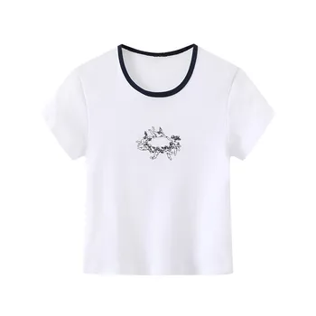 Тънка Ежедневни риза от Мек Памук за момичета, Лятна Модни Дамски Офис Женска тениска с Ангел, Бяла Кратък Топ с Висока Талия