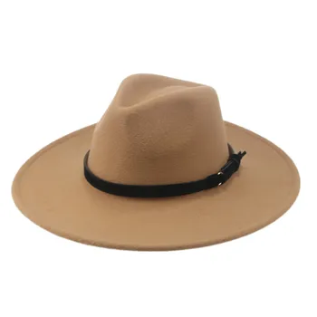 филц шапки с голяма периферия 9,5 см, однотонная лента с колан, дамски, мъжки шапки, вечер случайни улични мъжки панама, верблюжьи жълти, пухкава шапка