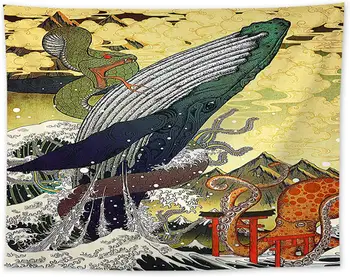 Японски Кит Змия Кракен Вълна Живопис Гоблен Морска Вълна Koi Японското Изкуство